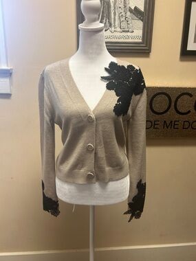 NVLT Beige Cardigan with Black Lace Shoulder and Cuff Appliqué